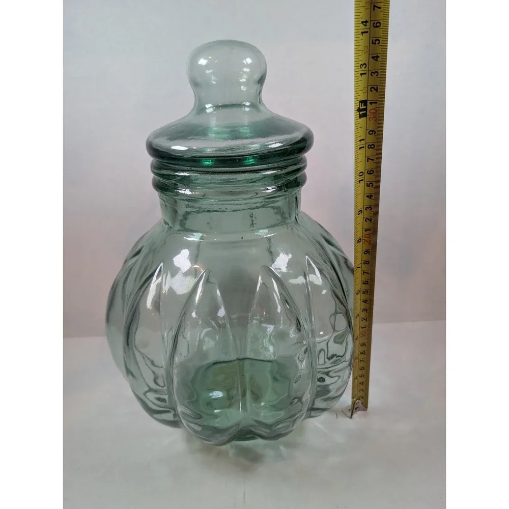 Vintage Green Glass Apothecary Jar Melon Pumpkin Shape Lid Made in Spain 14